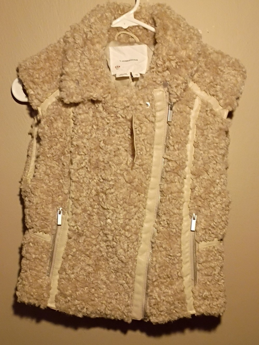 NWT By Anthropologie Cream Faux Fur Sherpa Moto Vest Cozy Chic - Size XXS